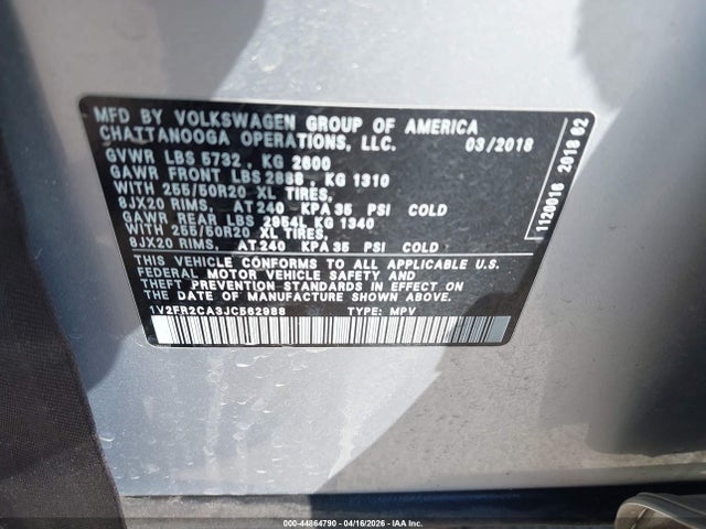 44864790 :رقم المزاد ، 1V2FR2CA3JC562988 vin ، 2018 Volkswagen Atlas 3.6l V6 Se W/technology مزاد بيع