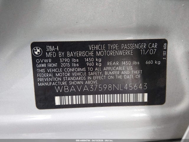 Aukcja sprzedaży 2008 Bmw 328i, vin: WBAVA37598NL45643, numer aukcji: 44864794