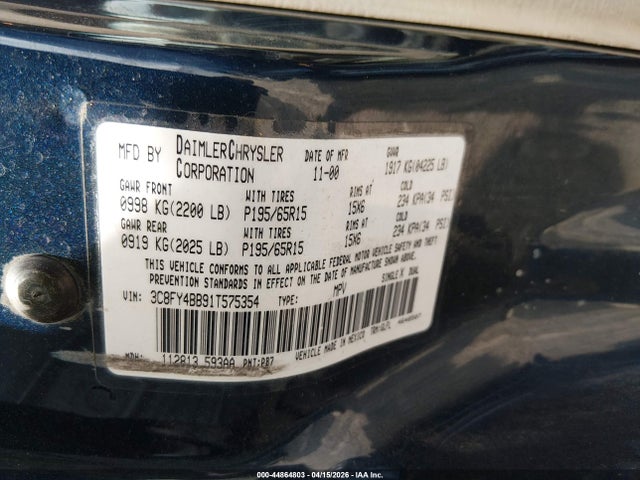 Aukcja sprzedaży 2001 Chrysler Pt Cruiser, vin: 3C8FY4BB91T575354, numer aukcji: 44864803