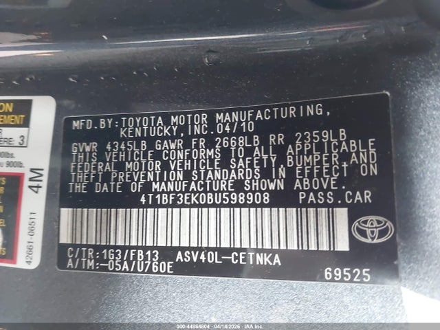 44864804 :رقم المزاد ، 4T1BF3EK0BU598908 vin ، 2011 Toyota Camry Le مزاد بيع