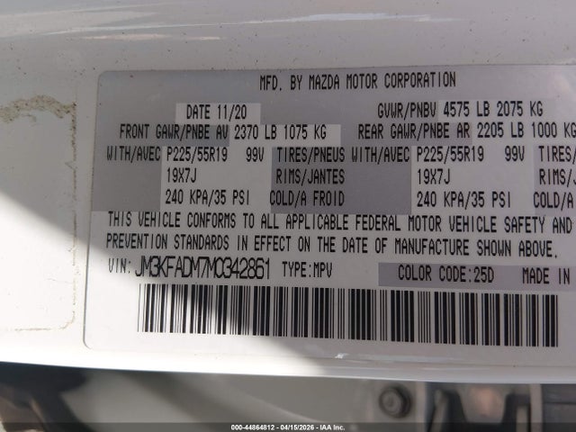44864812 :رقم المزاد ، JM3KFADM7M0342861 vin ، 2021 Mazda Cx-5 Grand Touring مزاد بيع