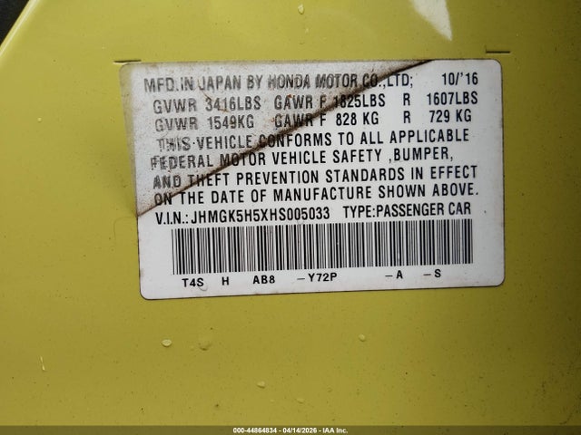 Auction sale of the 2017 Honda Fit Lx, vin: JHMGK5H5XHS005033, lot number: 44864834