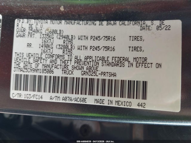 3TMAZ5CN9NM185006 Toyota Tacoma Sr5 V6