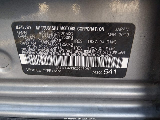Продаж на аукціоні авто 2019 Mitsubishi Outlander Se, vin: JA4AD3A33KZ045087, номер лоту: 44864840