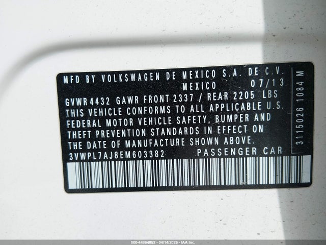 2014 Volkswagen Jetta Sportwagen 2.0l Tdi მანქანა იყიდება აუქციონზე, vin: 3VWPL7AJ8EM603382, აუქციონის ნომერი: 44864852