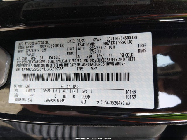 Aukcja sprzedaży 2020 Ford Escape Se, vin: 1FMCU9G61LUC20725, numer aukcji: 44864856