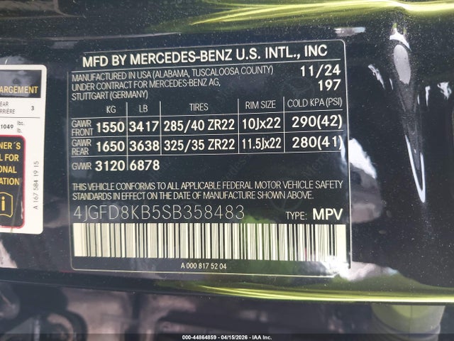 Aukcja sprzedaży 2025 Mercedes-benz Amg Gle 63 Coupe S 4matic+, vin: 4JGFD8KB5SB358483, numer aukcji: 44864859