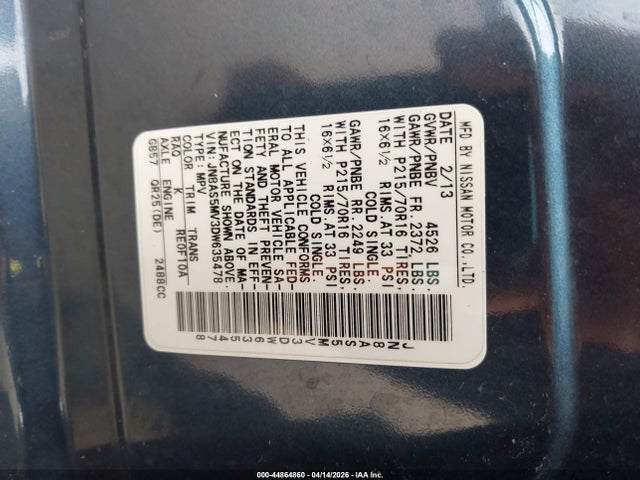 44864860 :رقم المزاد ، JN8AS5MV3DW635478 vin ، 2013 Nissan Rogue S مزاد بيع