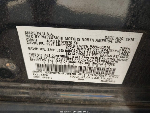 44864861 :رقم المزاد ، 4A4AR3AU1FE050925 vin ، 2015 Mitsubishi Outlander Sport Es مزاد بيع