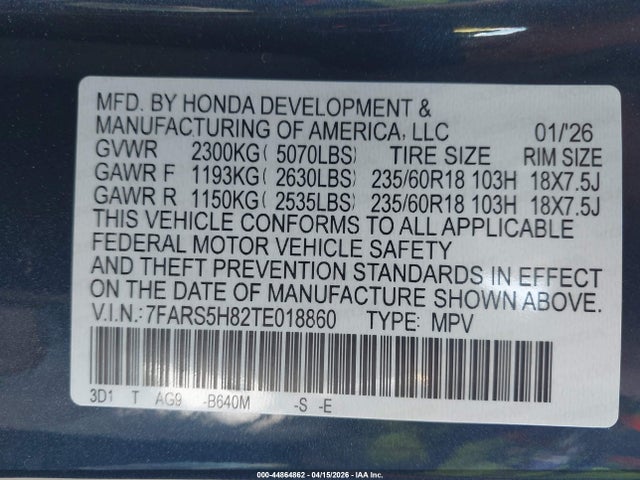 Продаж на аукціоні авто 2026 Honda Cr-v Hybrid 2wd Sport-l, vin: 7FARS5H82TE018860, номер лоту: 44864862