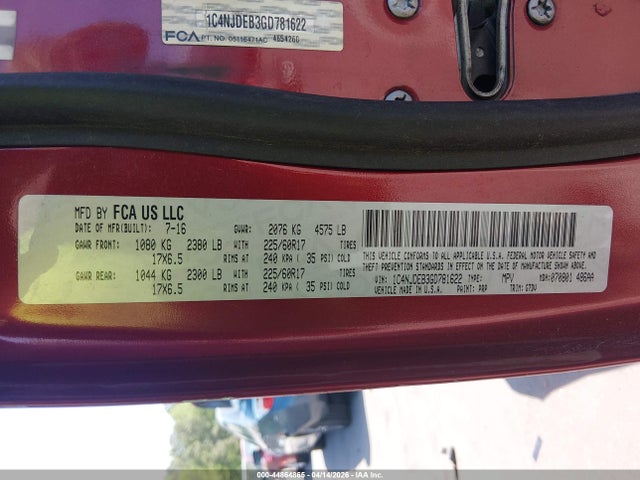 2016 Jeep Compass Latitude მანქანა იყიდება აუქციონზე, vin: 1C4NJDEB3GD781622, აუქციონის ნომერი: 44864865