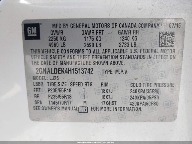 Продажа на аукционе авто 2017 Chevrolet Equinox Premier, vin: 2GNALDEK4H1513742, номер лота: 44864870