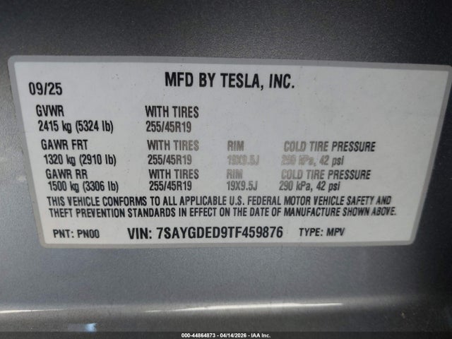 Aukcja sprzedaży 2026 Tesla Model Y Premium Rear-wheel Drive/standard Rear-wheel Drive, vin: 7SAYGDED9TF459876, numer aukcji: 44864873