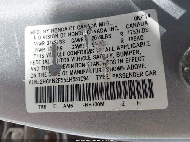 Продажа на аукционе авто 2014 Honda Civic Lx, vin: 2HGFB2F55EH551094, номер лота: 44864878