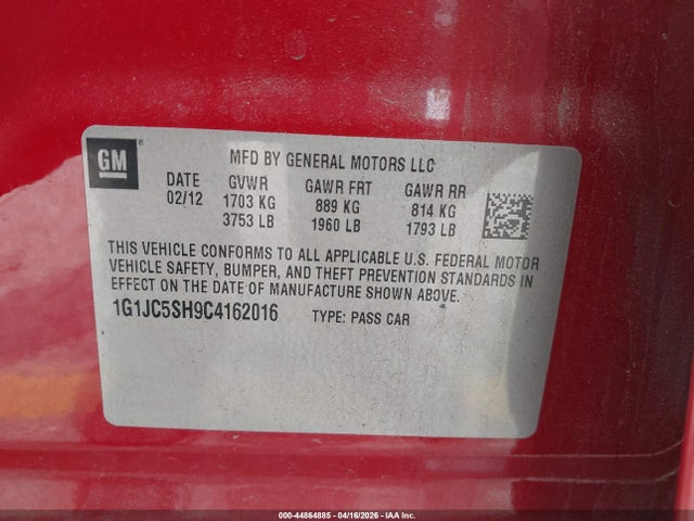 Aukcja sprzedaży 2012 Chevrolet Sonic 2lt, vin: 1G1JC5SH9C4162016, numer aukcji: 44864885