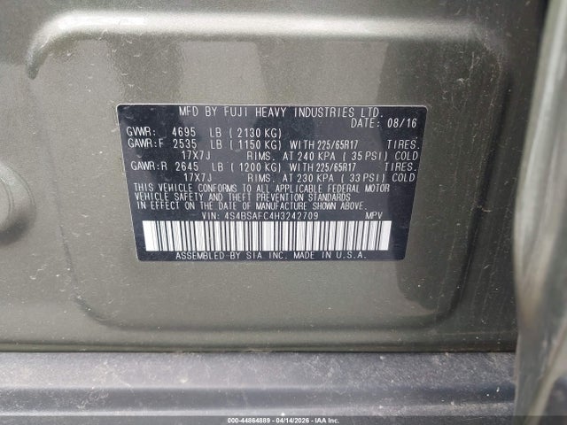 2017 Subaru Outback 2.5i Premium მანქანა იყიდება აუქციონზე, vin: 4S4BSAFC4H3242709, აუქციონის ნომერი: 44864889