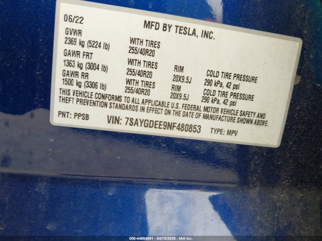 44864891 :رقم المزاد ، 7SAYGDEE9NF480853 vin ، 2022 Tesla Model Y Long Range Dual Motor All-wheel Drive مزاد بيع