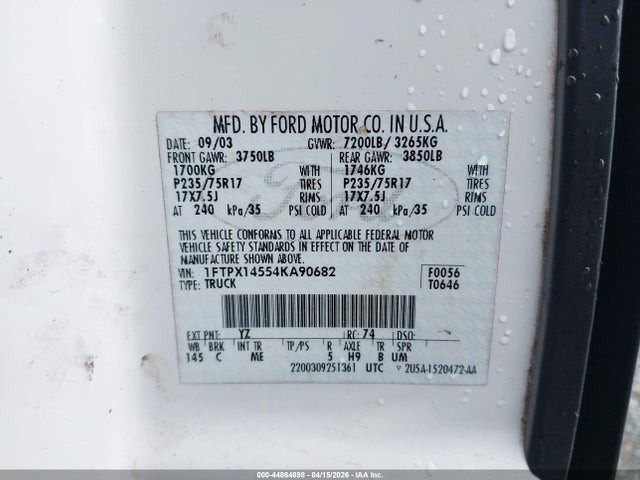 Продажа на аукционе авто 2004 Ford F-150 Fx4/lariat/xl/xlt, vin: 1FTPX14554KA90682, номер лота: 44864898