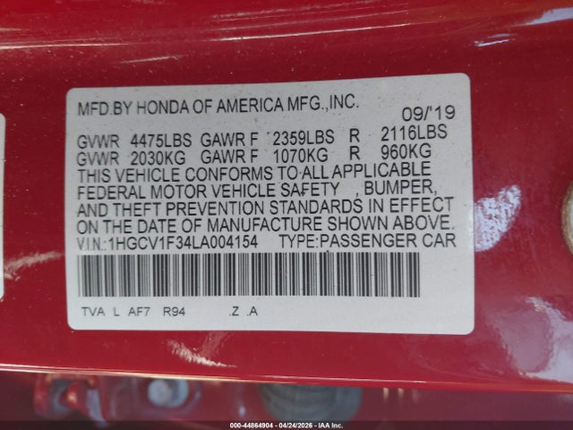 1HGCV1F34LA004154 Honda Accord Sport