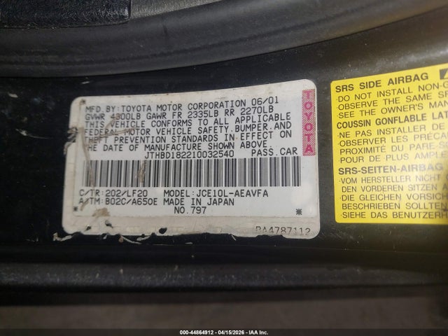 Aukcja sprzedaży 2001 Lexus Is 300, vin: JTHBD182210032540, numer aukcji: 44864912