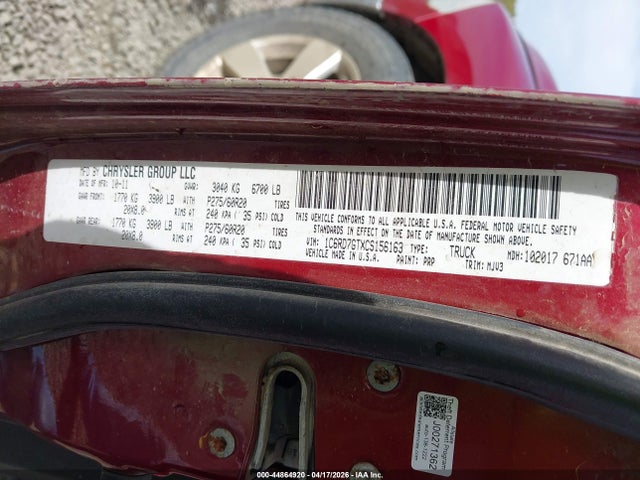 44864920 :رقم المزاد ، 1C6RD7GTXCS156163 vin ، 2012 Ram 1500 Slt مزاد بيع