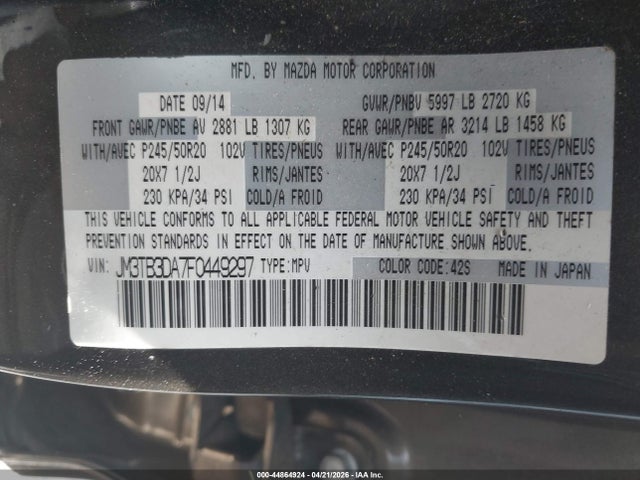 2015 Mazda Cx-9 Grand Touring მანქანა იყიდება აუქციონზე, vin: JM3TB3DA7F0449297, აუქციონის ნომერი: 44864924