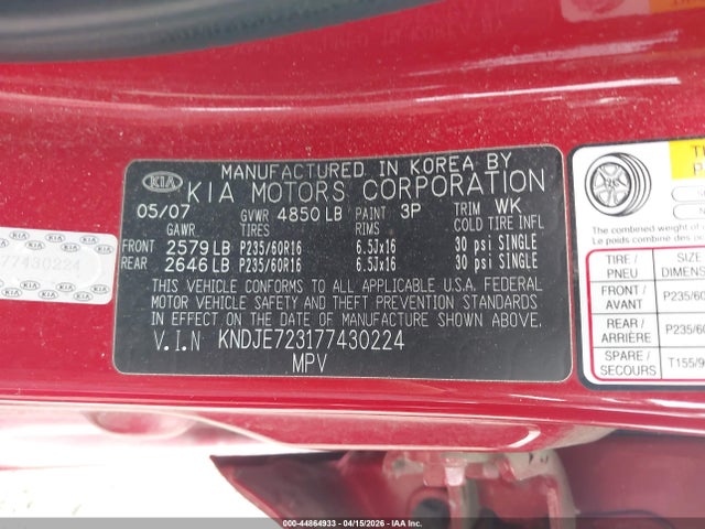 44864933 :رقم المزاد ، KNDJE723177430224 vin ، 2007 Kia Sportage Lx V6 مزاد بيع
