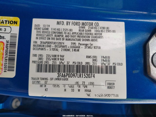 Aukcja sprzedaży 2020 Ford Fusion Titanium, vin: 3FA6P0D97LR152074, numer aukcji: 44864935