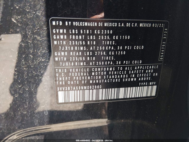 Aukcja sprzedaży 2022 Volkswagen Tiguan 2.0t Se, vin: 3VV3B7AX9NM082960, numer aukcji: 44864952