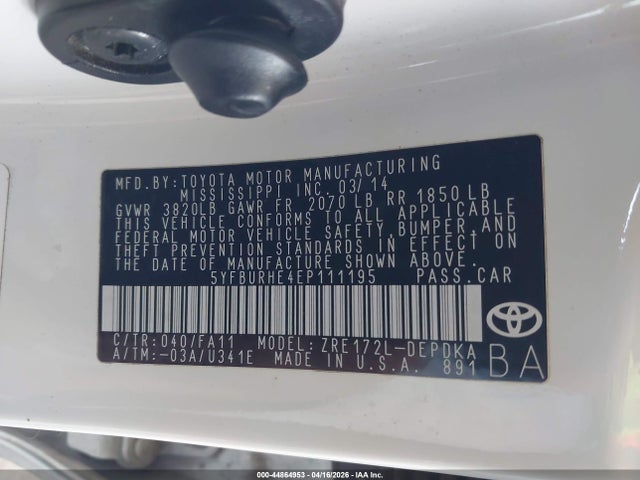 44864953 :رقم المزاد ، 5YFBURHE4EP111195 vin ، 2014 Toyota Corolla L مزاد بيع