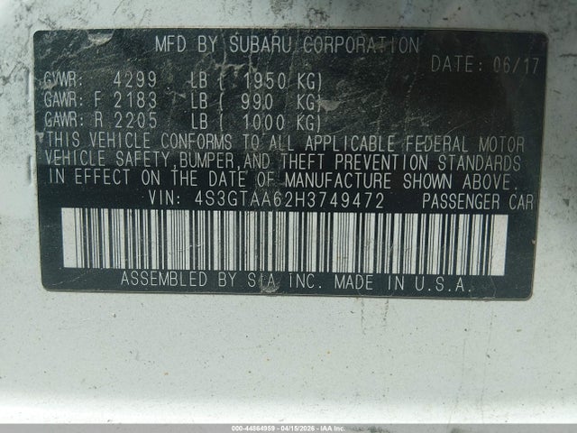 Продажа на аукционе авто 2017 Subaru Impreza 2.0i, vin: 4S3GTAA62H3749472, номер лота: 44864959
