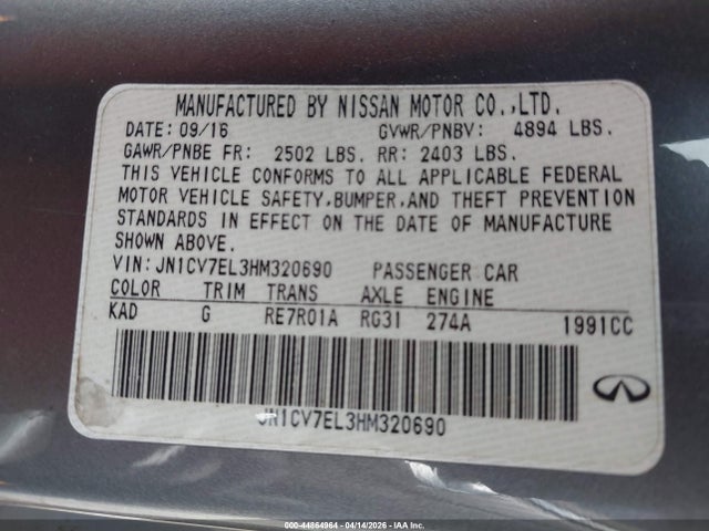44864964 :رقم المزاد ، JN1CV7EL3HM320690 vin ، 2017 Infiniti Q60 2.0t Premium مزاد بيع