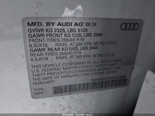 Aukcja sprzedaży 2024 Audi Q3 Premium Plus 45 Tfsi S Line Quattro Tiptronic, vin: WA1EECF30R1167065, numer aukcji: 44864967