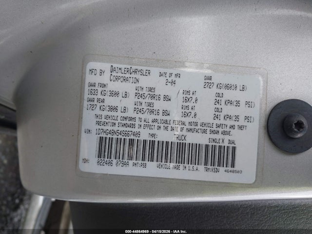 Продажа на аукционе авто 2004 Dodge Dakota Slt, vin: 1D7HG48N54S667409, номер лота: 44864969