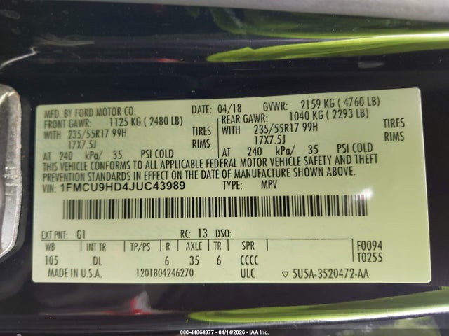 Продажа на аукционе авто 2018 Ford Escape Sel, vin: 1FMCU9HD4JUC43989, номер лота: 44864977