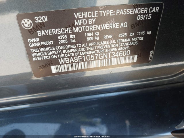 44864985 :رقم المزاد ، WBA8E1G57GNT34600 vin ، 2016 Bmw 320i مزاد بيع
