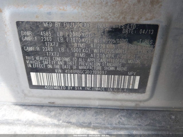 2013 Subaru Outback 2.5i Premium მანქანა იყიდება აუქციონზე, vin: 4S4BRBGC3D3309097, აუქციონის ნომერი: 44864992