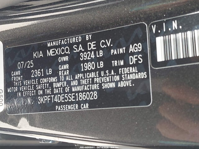 2025 Kia K4 Lxs მანქანა იყიდება აუქციონზე, vin: 3KPFT4DE5SE186028, აუქციონის ნომერი: 44865001