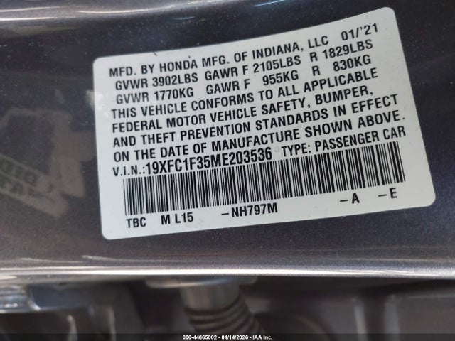 Aukcja sprzedaży 2021 Honda Civic Ex, vin: 19XFC1F35ME203536, numer aukcji: 44865002