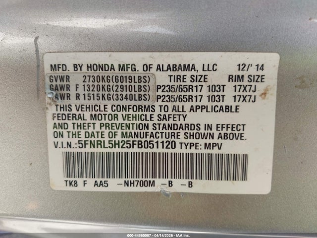 2015 HONDA ODYSSEY 5FNRL5H25FB051120 Photo 8