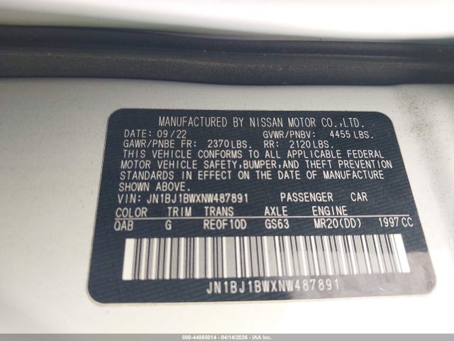 Продажа на аукционе авто 2022 Nissan Rogue Sport Sv Awd Xtronic Cvt, vin: JN1BJ1BWXNW487891, номер лота: 44865014