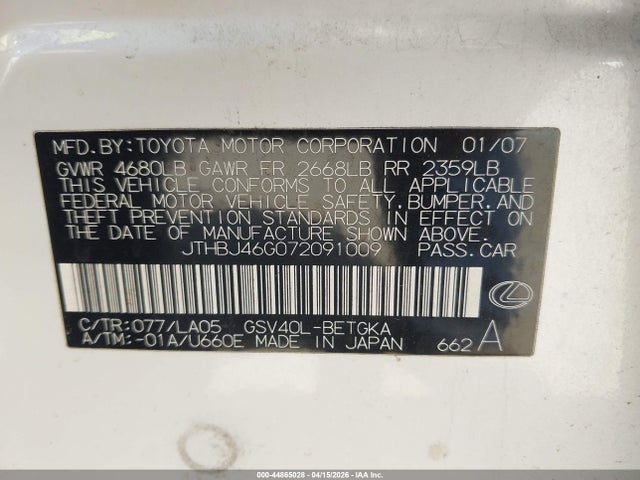 44865028 :رقم المزاد ، JTHBJ46G072091009 vin ، 2007 Lexus Es 350 مزاد بيع