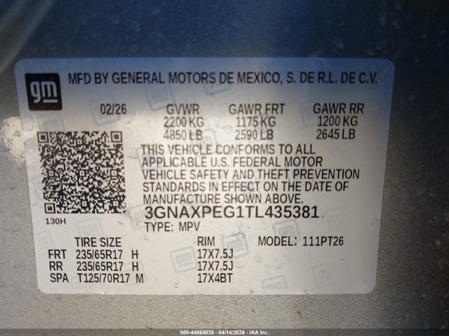 44865035 :رقم المزاد ، 3GNAXPEG1TL435381 vin ، 2026 Chevrolet Equinox Awd Lt مزاد بيع