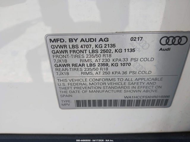 44865050 :رقم المزاد ، WA1HCCFSXHR016986 vin ، 2017 Audi Q3 2.0t Premium مزاد بيع
