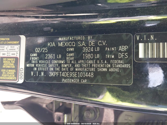 Aukcja sprzedaży 2025 Kia K4 Lxs, vin: 3KPFT4DE9SE101448, numer aukcji: 44865056