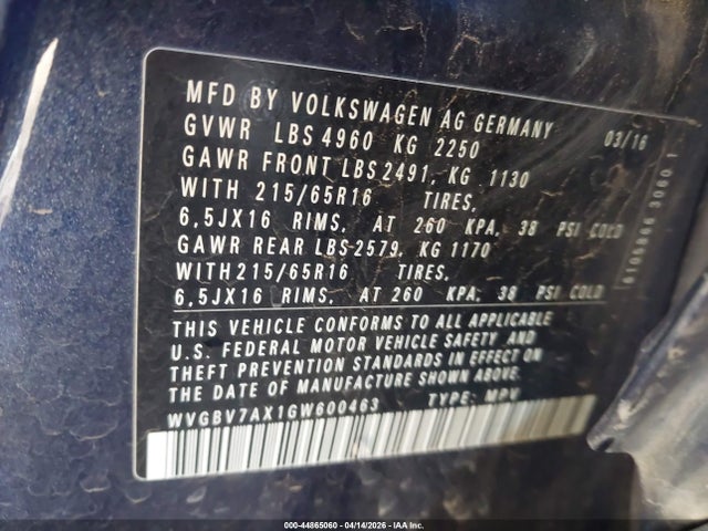 WVGBV7AX1GW600463 Volkswagen TIGUAN S