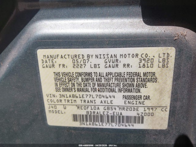 44865066 :رقم المزاد ، 3N1AB61E77L704644 vin ، 2007 Nissan Sentra 2.0s مزاد بيع