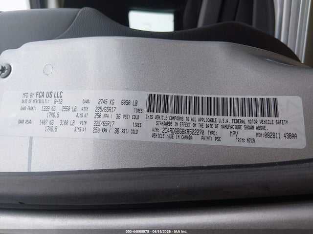 Продажа на аукционе авто 2019 Dodge Grand Caravan Se Plus, vin: 2C4RDGBG8KR522270, номер лота: 44865078