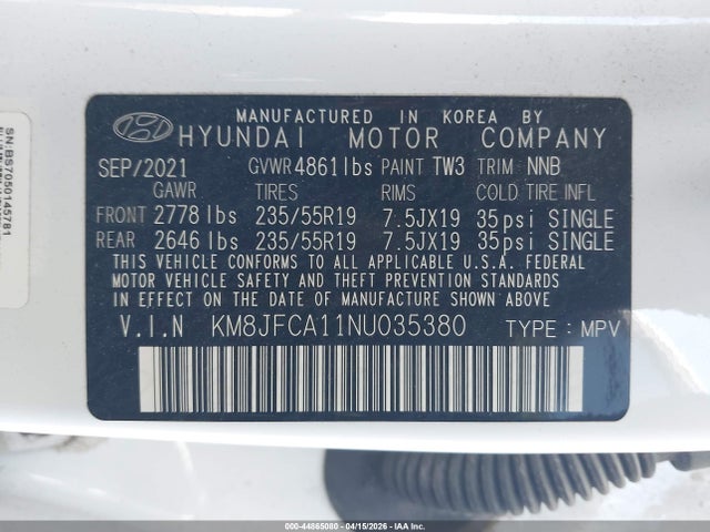 Aukcja sprzedaży 2022 Hyundai Tucson Hybrid Sel Convenience, vin: KM8JFCA11NU035380, numer aukcji: 44865080