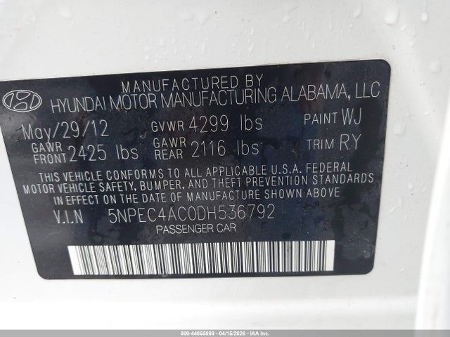 2013 Hyundai Sonata Limited მანქანა იყიდება აუქციონზე, vin: 5NPEC4AC0DH536792, აუქციონის ნომერი: 44865089
